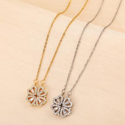 China Environmentally Friendly And Narrow Four Leaf Clover Necklace Fashion Intimate Female Zircon Open Love Folding Stainless Steel Clavicle Chain for sale