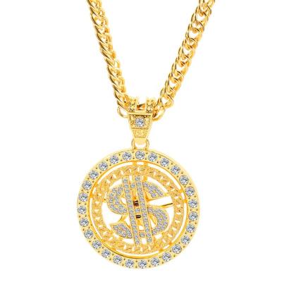 China Newest Environmental Friendly Hip Hop Jewelry 18k Gold Plated CZ Cuban Chain Rotatable Round Dollar Sign Cubic Zirconia Necklaces Pendant Necklace for sale