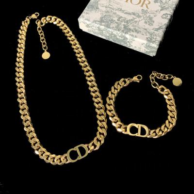 China Luxury Environmentally Friendly 18K Gold Plated Adjustable Designer Cuban Chain CD Necklace Women Stainless Steel Bracelet Jewelry for sale