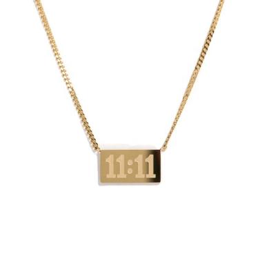 China Women Jewelry Environmental Friendly High Quality Stainless Steel 18k Gold Plated Cuban Number Chain Rectangle 11:11 Pendant Necklace for sale