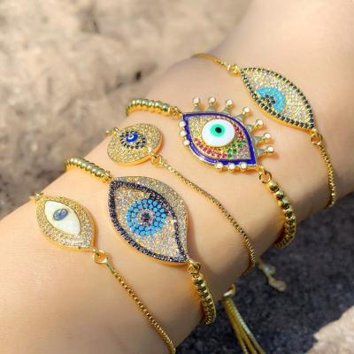 China 2022 New Arrival Environmental Friendly Turkish Evil Eyes Charm Bracelet 18k Gold Chain Rainbow CZ Stone Eyes Tennis Bracelet For Women for sale