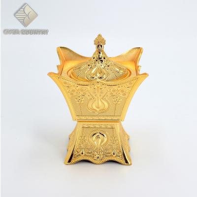 China Sustainable Luxury Household Gold Plated Decorating Zinc Alloy Square Household Bakhoor Arabic Censer With Cover for sale