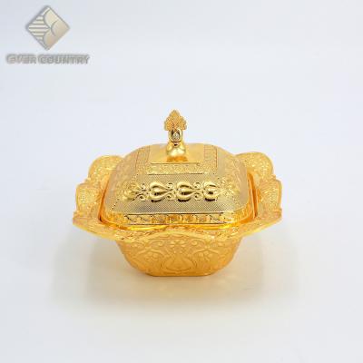 China Wholesale Sustainable Metal Decorative Gold Plated Dried Fruit Nut Serving Bowl With Lid Medium Size Square Bowl With Leg for sale