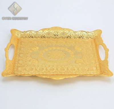 China Tulip Design Gold Plated Viable 24 Inch Rectangle Metal Serving Tray With Handle for sale