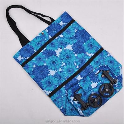 China Beautiful Flower Color Trolley Bag Wheels Polyester Shopping Shopping Bag Portable Foldable Trolley Bag for sale