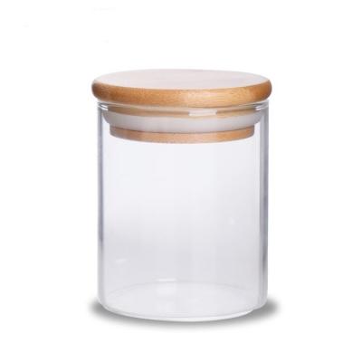 China High Borosilicate Glass Storage Tank Viable Transparent Kitchen Storage Bottle Candy Bamboo Wooden Lid Sealed Tank Upright Storage Tub for sale