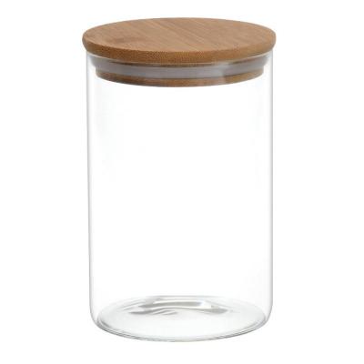 China Sustainable High Borosilicate Glass Kitchen Storage Tank Tea Bottle Grain Candy Bamboo Wooden Cover Sealed Upright Tank Storage Tub for sale