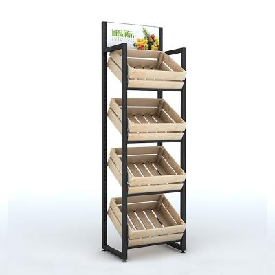 China Double-Sided Shelves Supermarket Store Fruits and Vegetables Show Heavy Super Market Fruit Vegetable Display Rack Crate Wooden Duty Wood for sale