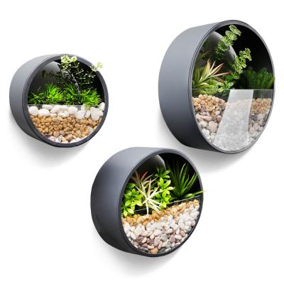 China Round Gray 3pcs Wall Hanging Metal Planter Flower Pots Set New Fashion Modern Unique Design for sale