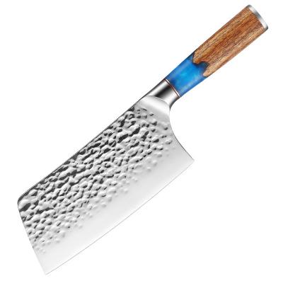 China Viable 5Cr15 Movements Forged Hammer Steel Pattern Chinese Kitchen Knife Cutting Vegetables Fsh And Meat Resin Wood Color Blue Handle for sale