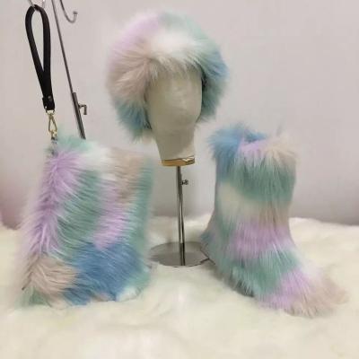 China Round Hot Sale Winter Faux Fur Snow Boots Headband And Bag Plush Three Piece Set for sale