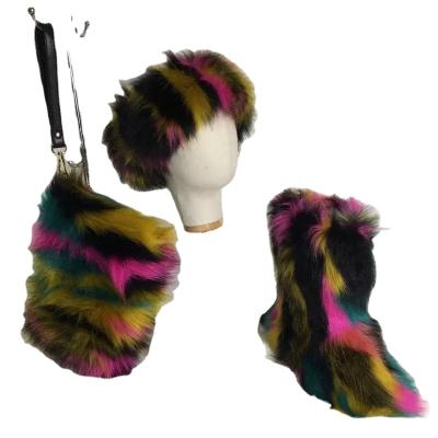 China Low Moq Round Winter Fur Snow Boots With Headband And Bag Plush Three Piece Set for sale