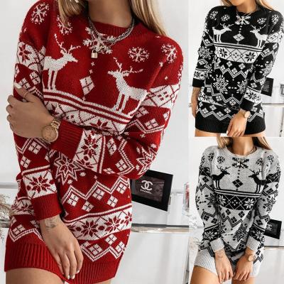 China Anti-wrinkle Ladies Customize Christmas Sweater Dress Winter Knit Sweater Dress Crew Neck Geometric Jacquard Knitted Sweater Women for sale