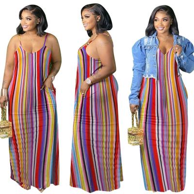 China New style anti-static casual loose print loose dress with back halter fashion summer beach dress with stripes 5XL plus size dress for sale