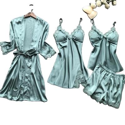 China Four Pieces QUICK DRY High Quality Silk Pajamas Set Solid Satin Sleepwear Loungewear For Women for sale