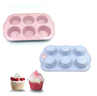 China High Quality Non Stick Cardboard Stocked Steel Colored Round Shape 6 Cups Cake Molds Tray Bake Pans Bakeware Muffin Pan for sale