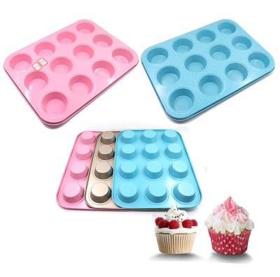 China Non Stocked Hot Stick Cardboard Steel Colored Round Shape 12 Hole Cups Cake Molds Tray Bake Pans Bakeware Muffin Pan for sale