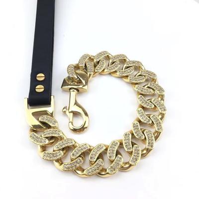 China 43MM Stainless Steel Dog Leash Dimand Cuban Link Lead Luxury Heavy Duty Gold JEWELED Training Chain Leash for sale