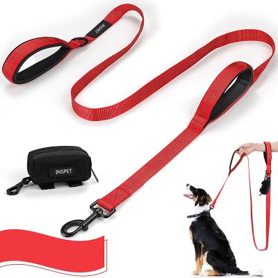 China Padded Reflective Soft Nylon Dog Leash Neoprene Double Handle Pet Advance Training Leash With Pet Poop Bag for sale