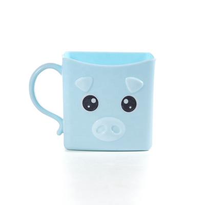 China Shatterproof BPA Free Toothbrush Cup Stocked 10oz Piggy Style Kids Plastic Square Milk Cups With Handle for sale