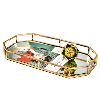 China Wholesale Modern Luxury Hexagon Morden Rose Gold Metal Shiny Decorative Glass and Mirror Tray for Serving Trays for sale