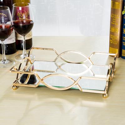 China Hotel Home Restaurant Decoration Metal Gold Glass Mirror Luxury Home Serving Trays With Handles for sale