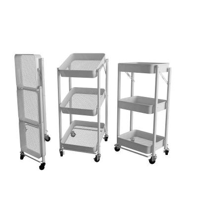 China Sustainable Folding Design 3 Tier Layer Home Storage Kitchen Racks Metal Folding Shelves With Wheels for sale