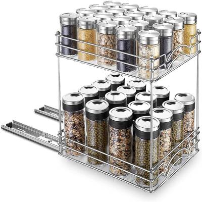 China Large Silver Metal Gauge Drawer Kitchen Organizer Cabinets Slideable Storage Steel Spice Rack Set 2 Tier Slide for sale