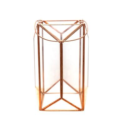 China Home Decoration Rose Gold Candle Holder Geometric Hanging Candle Holder With Lid for sale