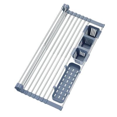 China Sustainable Kitchen Folding Silicone Draining Rack Dish Drying Rack Collapsible Roll Up Dish Drying Rack With Fork Holder for sale