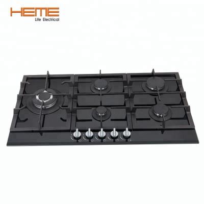 China Hot selling 36 inch household gas cooktop 5 ring cast iron pan support tempered glass panel for sale