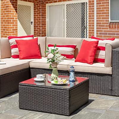 China Modern 5 Piece Patio Furniture Sets, All Weather Outdoor Wicker Couch Brown PE Sectional Patio Set, Small Patio Conversation Set for sale