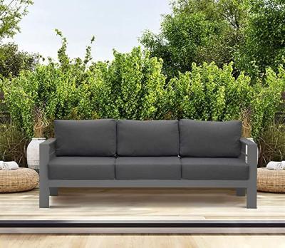 China Modern Patio Furniture Metal Couch, All Weather Contemporary Aluminum 3-Seat Outdoor Sofa Chair with Cushions, Dark Gray for sale