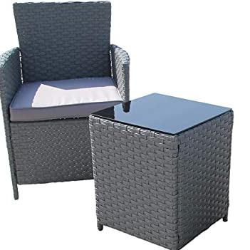 China Modern 3 PCS Rattan Garden Furniture Set Gray Outdoor 2 Seater Garden Patio Table and Chairs Set with Cushions for sale