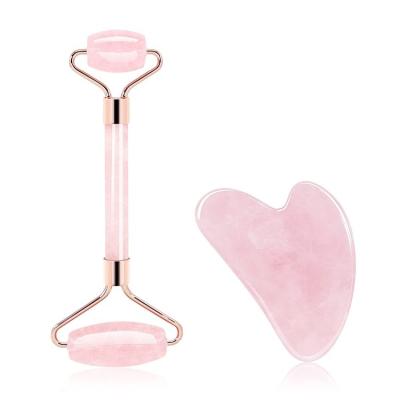 China Double head 100% natural pink jade roller and gua facial sha stone panel massage kit with logo for sale