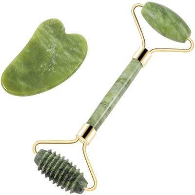 China Fashionable High Quality Silent Natural Green Jade Skin Care Roller Jade Roller Gua Sha Facial Set Massage for sale