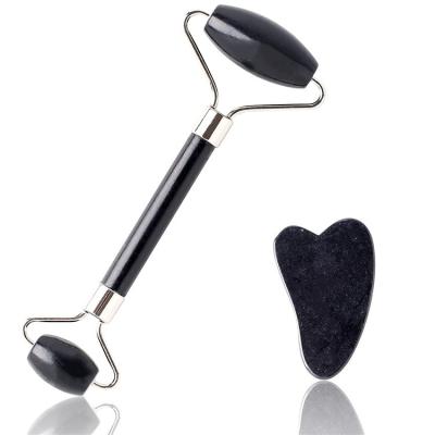 China Fashionable High Quality Silent Natural Black Jade Skin Care Roller Jade Roller Facial Massager Guasha Set for sale