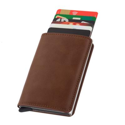 China Fashion Customized Crazy Aluminum Wallet Mens Leather Horse Logo Pop Up RFID Blocking Credit Card Holder Case for sale