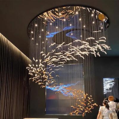 China Custom Made Designer Chandeliers Large Staircase Decoration Hotel Lighting Artistic Murano Glass Feather LED Hanging Chandelier for sale