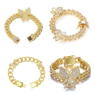 China Hiphop Advanced Custom Ladies Jewelry Butterfly Charm Wrist Bracelet Brass Crystal 14 18K Gold Plated Butterfly Copper Cuban Bracelet for sale