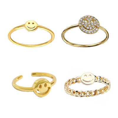 China Fashion Trend 2021 Chain Jewelry Pave Pure Zircon 18K Yellow Gold Plated 925 Silver Adjustable Smiley Face Ring for sale