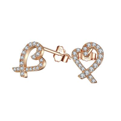 China Fashionable Zircon 14k 18K Rose Gold Plated High Quality Jewelry Round 925 Sterling Silver Mini Rhinestone Heart Stud Earrings for sale