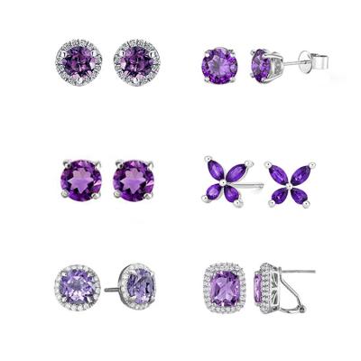 China 925 Sterling Siver Luxurious 3Mm Round Brilliant Cut Gemstone 18K Purple White Gold Plated 925 Sterling Silver Amethyst Stud Earring For Ladies for sale