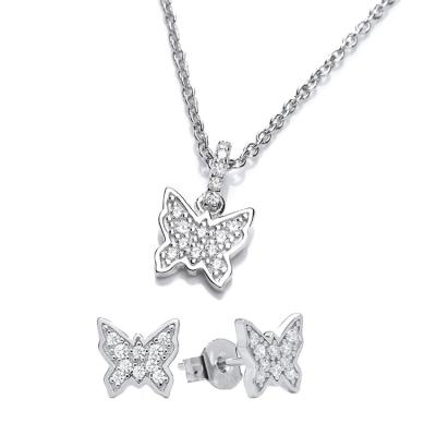 China Butterfly Jewelry Sets Newest Fashion Rhinestone Butterfly Pendant Stud White Gold Plated 925 Sterling Silver Women Butterfly Necklace and Earring Set for sale