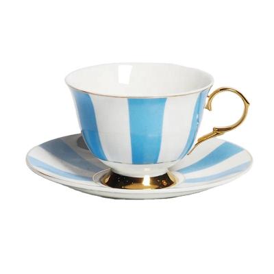 China Sustainable 220ml Set Of 6 Arabic Arabic Stripe Modern Design Ceramic Coffee Cups Set With Saucer And Gold Handle for sale