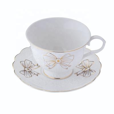 China 2020 New Sustainable Decoration Royal Bone China White Gold Single Rim Embossed Ceramic Coffee Cup And Saucer for sale