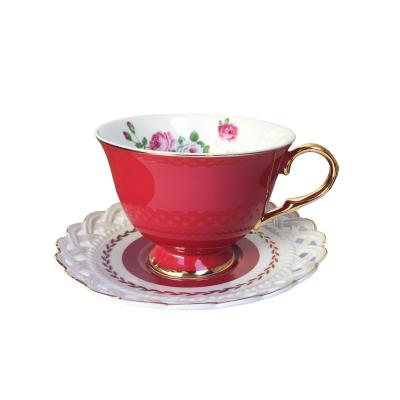 China New Viable High Quality Bone China Customized Teacup Afternoon Set Red Teacup Saucer 6 Sets for sale