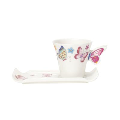 China Disposable antique ceramic design cup and saucer set with butterfly handle for sale