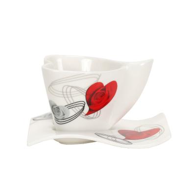 China Viable Unique Red Ceramic Heart Shaped Fine Bone China Coffee Cup and Saucer for sale