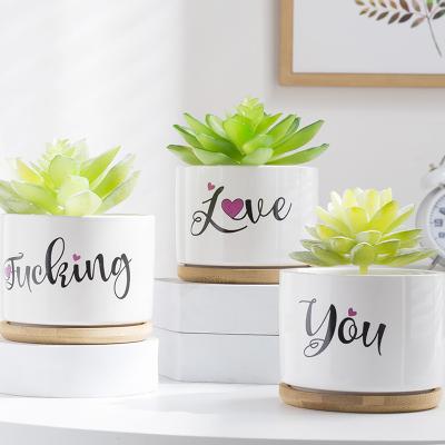 China Modern Ceramic Flower Pots Set Of 3 With Nordic Morden Bamboo Rack Glazed Letter Design Plants Wholesale Pots Home Garden Decoration for sale